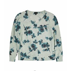 Talbots XL Merino Wool Cardigan Blue Floral Sweater Cottagecore Lightweight